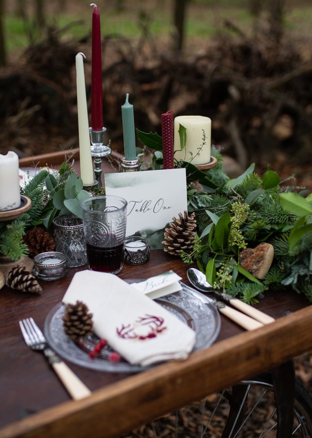 Winter Woodland Wedding Inspiration with Burgundy and Gold Touches