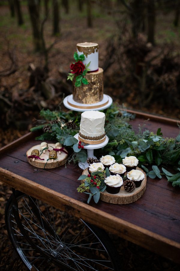 Winter Woodland Wedding Inspiration with Burgundy and Gold Touches