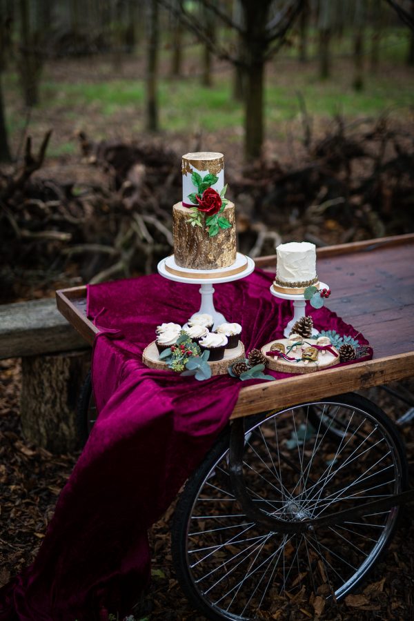 Winter Woodland Wedding Inspiration with Burgundy and Gold Touches