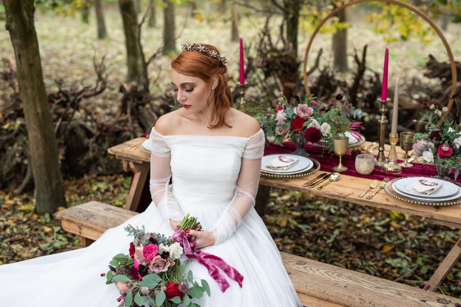 Winter Woodland Wedding Inspiration with Burgundy and Gold Touches