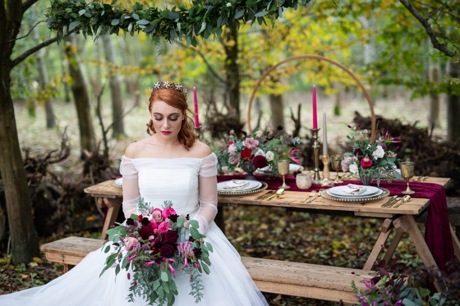 Winter Woodland Wedding Inspiration with Burgundy and Gold Touches