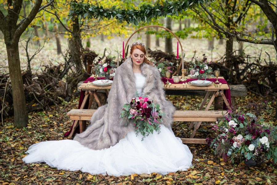 Winter Woodland Wedding Inspiration with Burgundy and Gold Touches