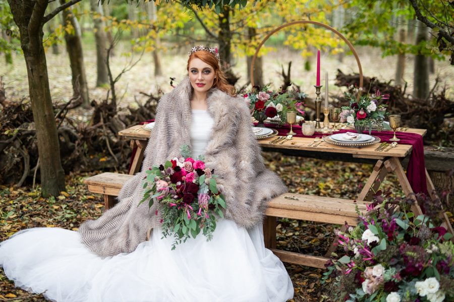 Winter Woodland Wedding Inspiration with Burgundy and Gold Touches