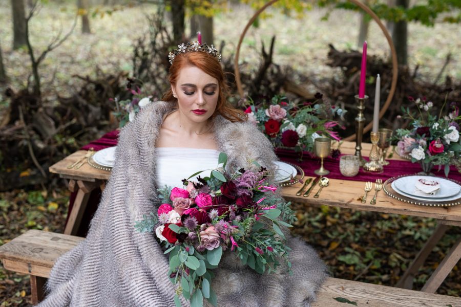 Winter Woodland Wedding Inspiration with Burgundy and Gold Touches