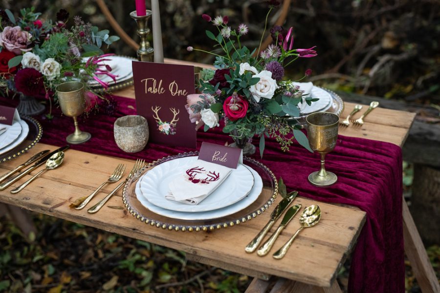 Winter Woodland Wedding Inspiration with Burgundy and Gold Touches