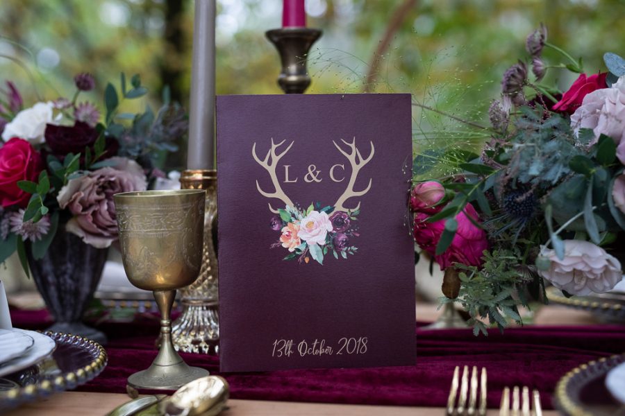 Winter Woodland Wedding Inspiration with Burgundy and Gold Touches