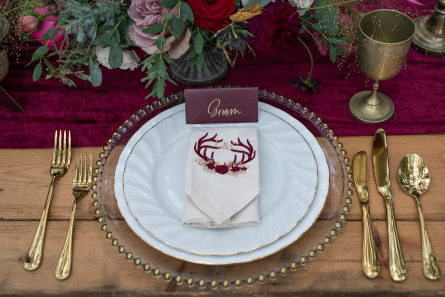 Winter Woodland Wedding Inspiration with Burgundy and Gold Touches