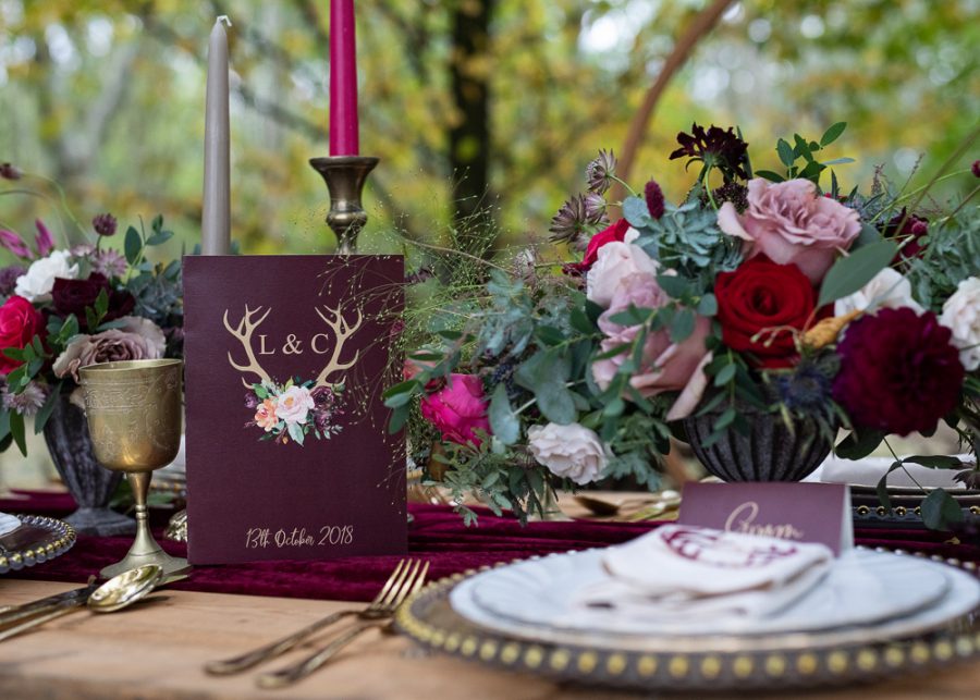 Winter Woodland Wedding Inspiration with Burgundy and Gold Touches