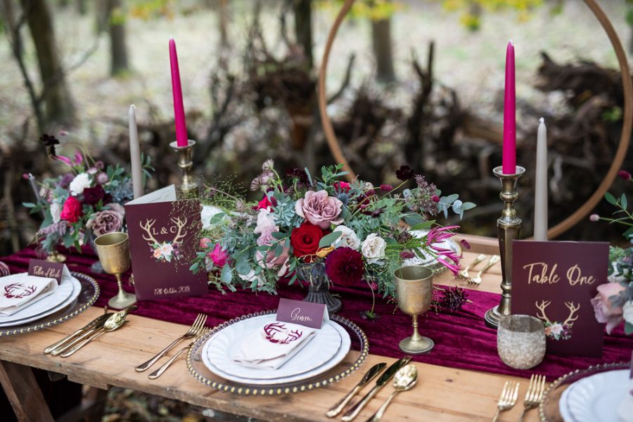 Winter Woodland Wedding Inspiration with Burgundy and Gold Touches