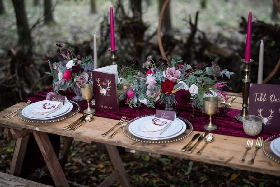 Winter Woodland Wedding Inspiration with Burgundy and Gold Touches