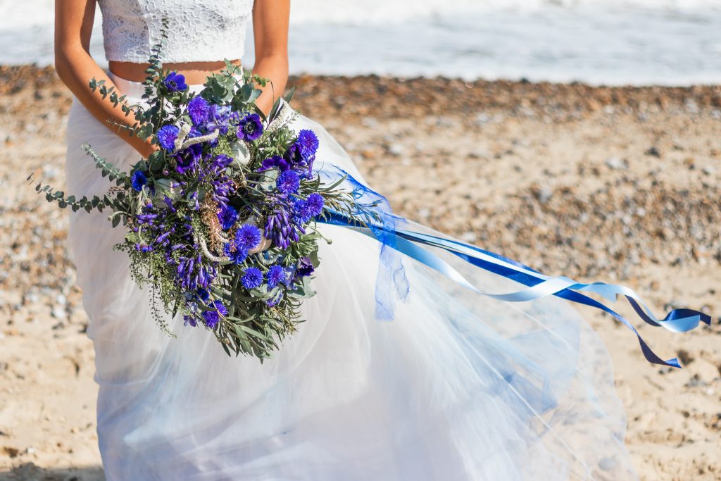 Boho Beach Wedding with Ombre Dress and Blue Wedding Cake