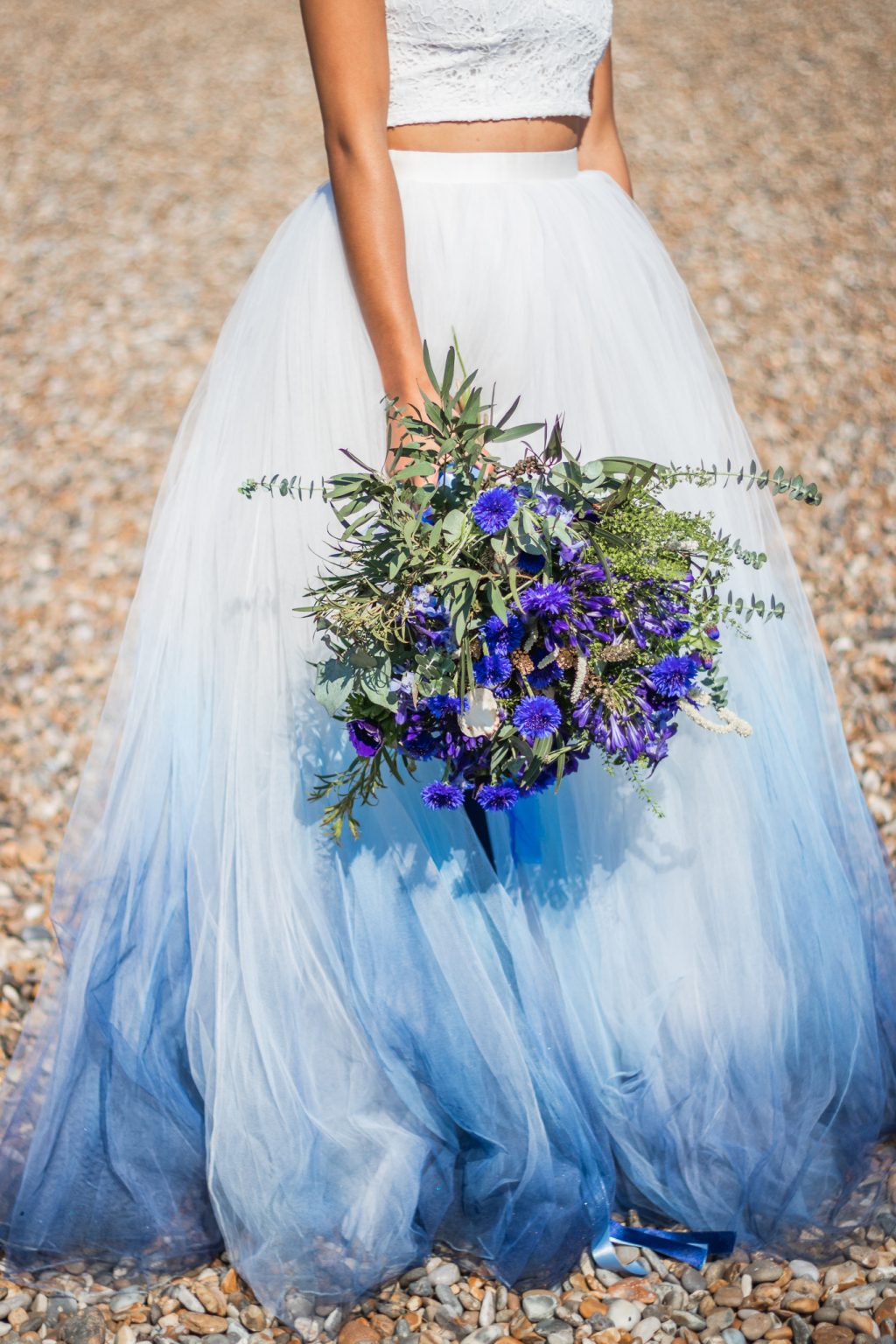 Boho Beach Wedding with Ombre Dress and Blue Wedding Cake