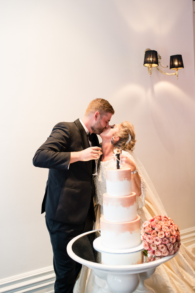 Classic Fairytale Wedding with Bespoke Dress and Rose Gold Touches cake