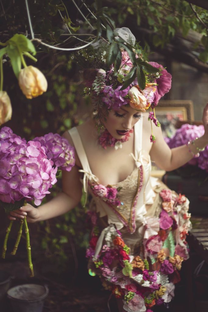 A floral wedding shoot in a potting shed