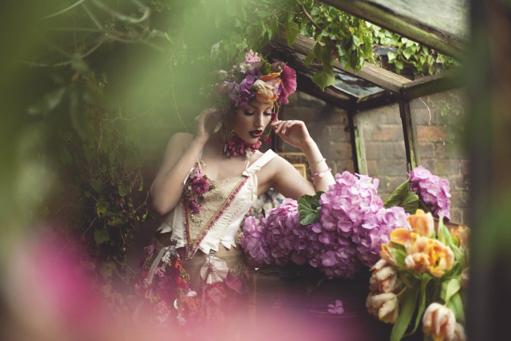 A floral wedding shoot in a potting shed