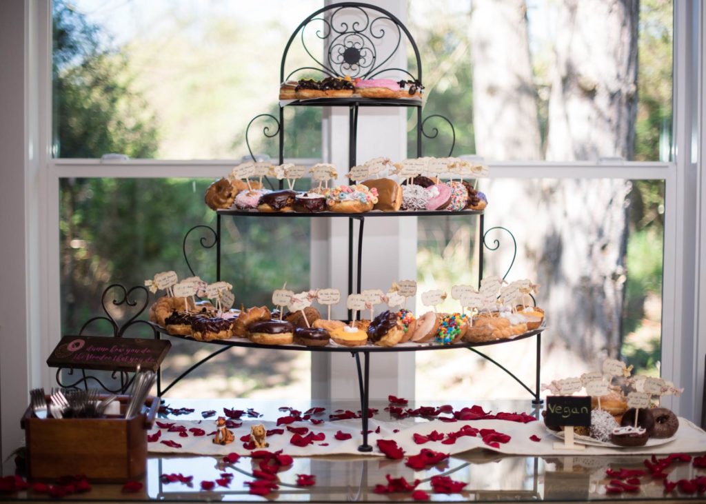 An American wedding with a brooch bouquet and a couture dress