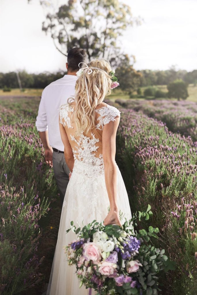 Luxe lilac metallic wedding styling in a lavender field