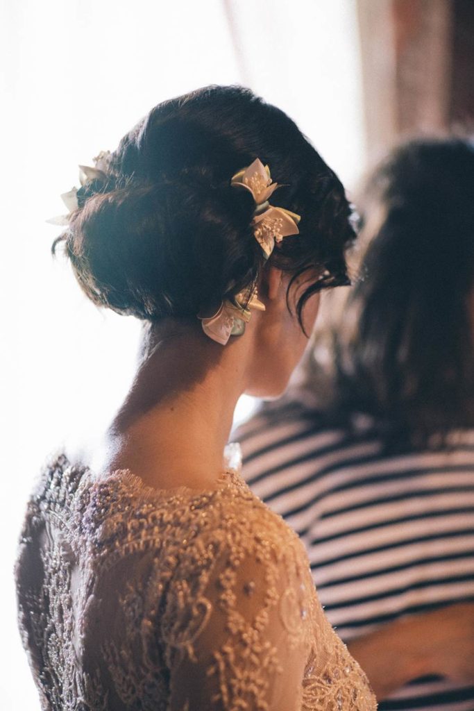 A magical Portuguese wedding with a pink lace dress & satin flowers