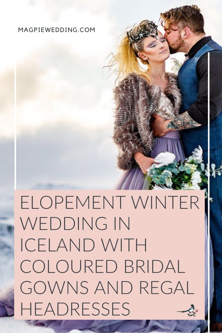 Elopement Winter Wedding in Iceland with Coloured Bridal Gowns and Regal Headresses