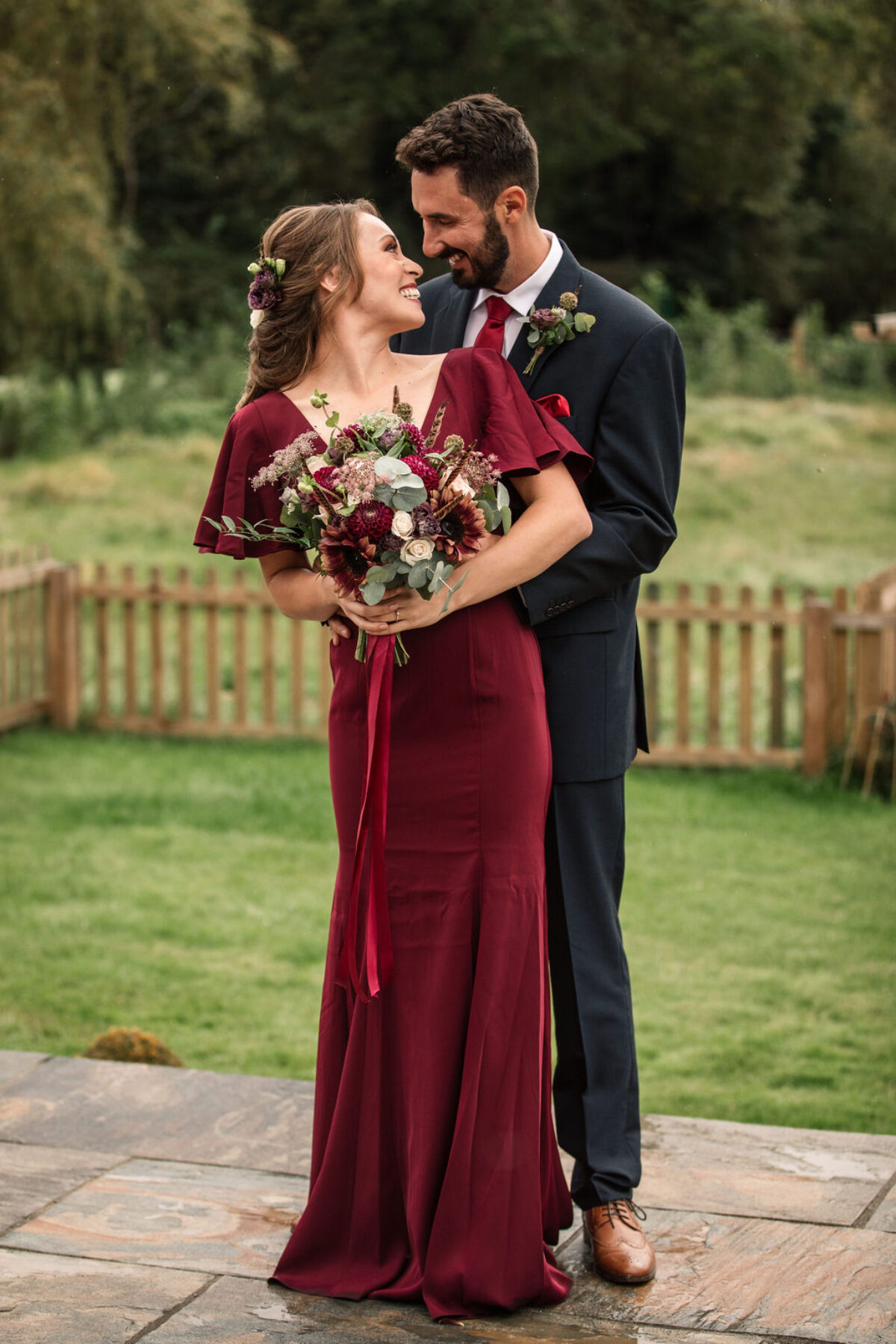 Rustic Boho Wedding with Burgundy Red Wedding Dress at Bunkers Barn