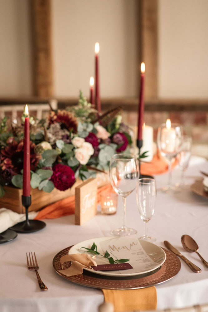 Rustic Boho Wedding with Burgundy Red Wedding Dress at Bunkers Barn