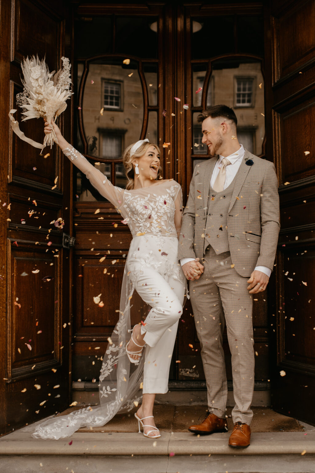 City Elopement With Bridal Jumpsuit and Vintage Wedding Car In Bath