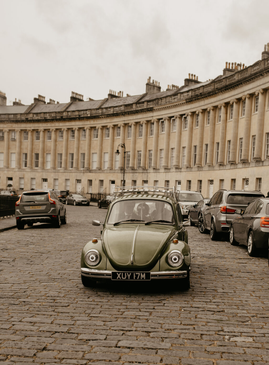 City Elopement With Bridal Jumpsuit and Vintage Wedding Car In Guildhall, Bath