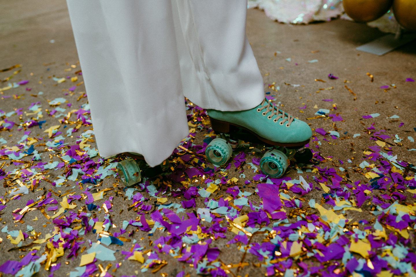 Rollerblade Disco Wedding With Bridal Jumpsuit at Silk Mill Studios, Somerset