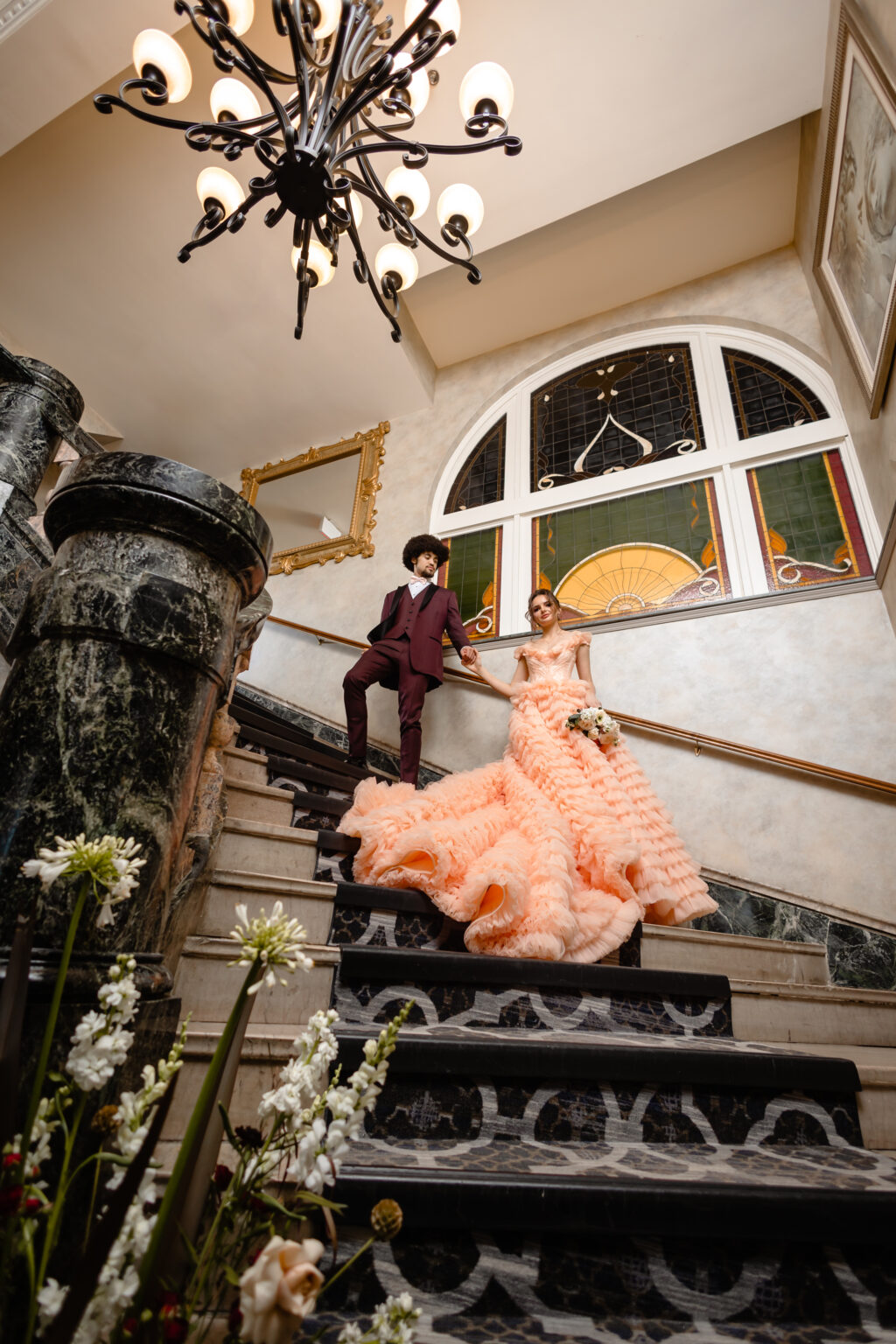 Alternative Rococo Style Wedding With Peach Coloured Wedding Dress