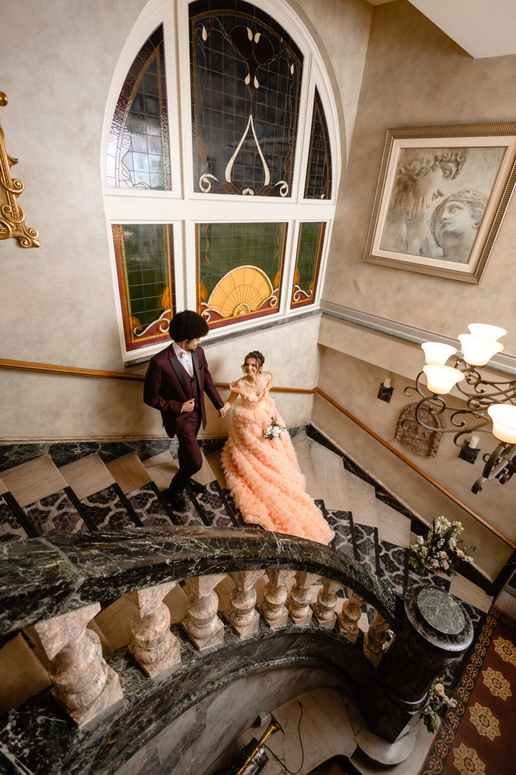 Alternative Rococo Style Wedding With Peach Coloured Wedding Dress